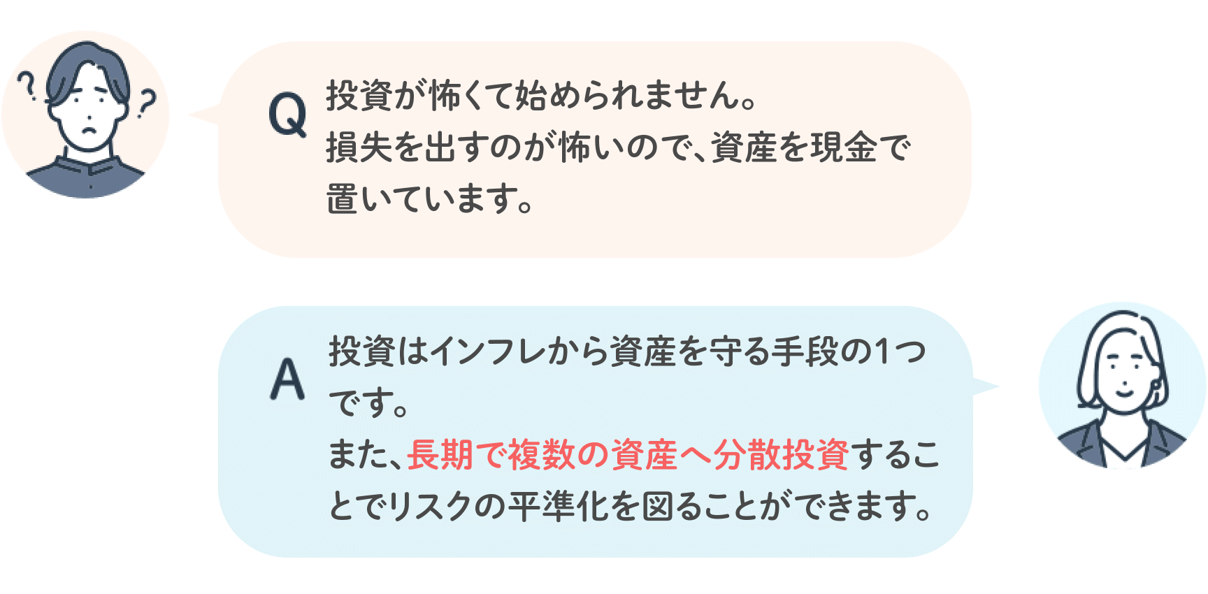 Q 投資が怖くて始められません。損失を出すのが怖いので、資産を現金で置いています。 A 投資はインフレから資産を守る手段の1つです。また、長期で複数の資産へ分散投資することでリスクの平準化を図ることができます。