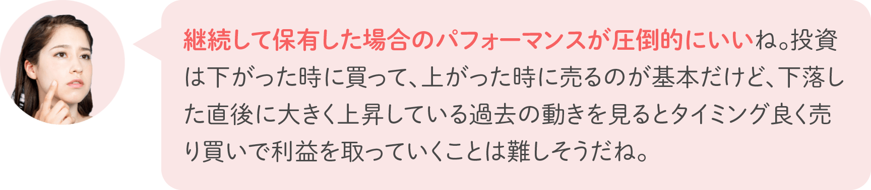 継続して保有した場合のパフォーマンスが圧倒的にいいね。投資は下がった時に買って、上がった時に売るのが基本だけど、下落した直後に大きく上昇している過去の動きを見るとタイミング良く売り買いで利益を取っていくことは難しそうだね。