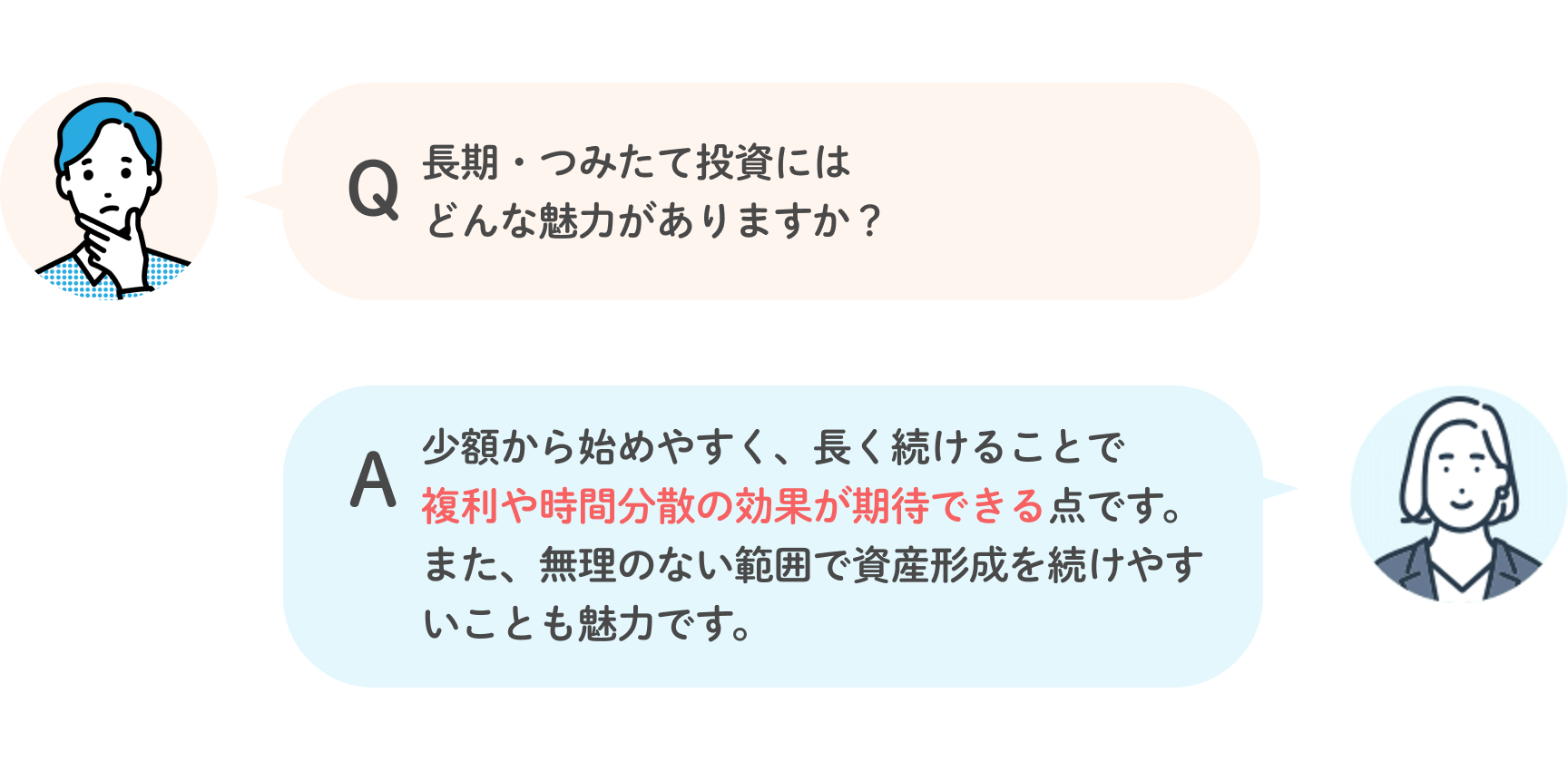 Q 長期・つみたて投資にはどんな魅力がありますか？ A 少額から始めやすく、長く続けることで複利や時間分散の効果が期待できる点です。また、無理のない範囲で資産形成を続けやすいことも魅力です。