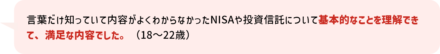 言葉だけ知っていて内容がよくわからなかったNISAや投資信託について基本的なことを理解できて、満足な内容でした。（18～22歳）