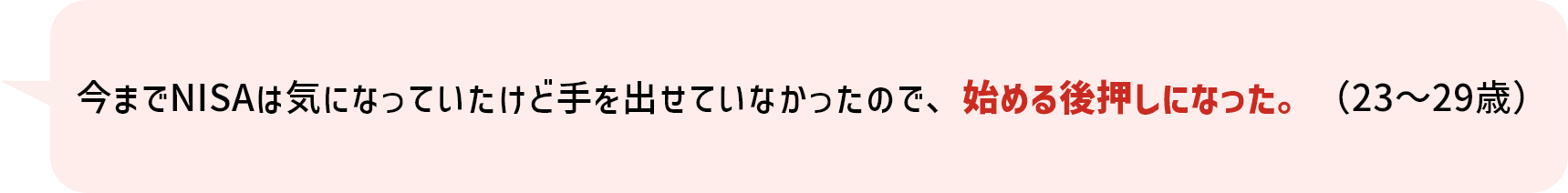 今までNISAは気になっていたけど手を出せていなかったので、始める後押しになった。（23～29歳）