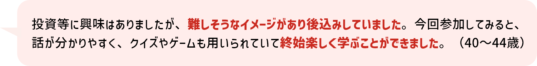 投資等に興味はありましたが、難しそうなイメージがあり後込みしていました。 今回参加してみると、話が分かりやすく、クイズやゲームも用いられていて終始楽しく学ぶことができました。（40～44歳）