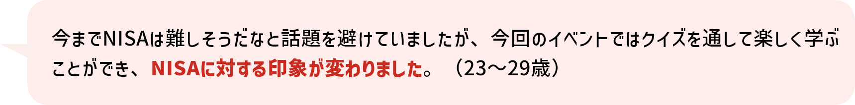 今までNISAは難しそうだなと話題を避けていましたが、今回のイベントではクイズを通して楽しく学ぶことができ、NISAに対する印象が変わりました。（23～29歳）