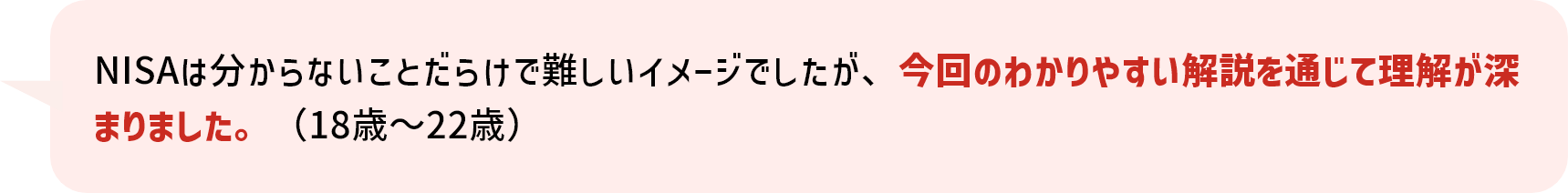 NISAは分からないことだらけで難しいイメージでしたが、今回のわかりやすい解説を通じて理解が深まりました。（18歳～22歳）