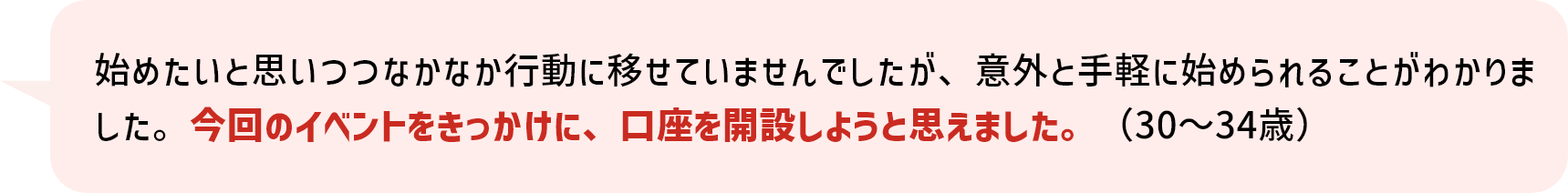 始めたいと思いつつなかなか行動に移せていませんでしたが、意外と手軽に始められることがわかりました。今回のイベントをきっかけに、口座を開設しようと思えました。（30～34歳）