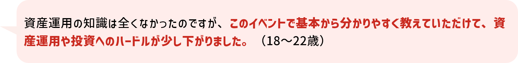 資産運用の知識は全くなかったのですが、このイベントで基本から分かりやすく教えていただけて、資産運用や投資へのハードルが少し下がりました。(18～22歳)