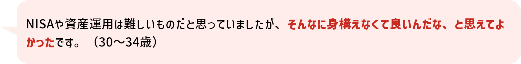 NISAや資産運用は難しいものだと思っていましたが、そんなに身構えなくて良いんだな、と思えてよかったです。（30～34歳）