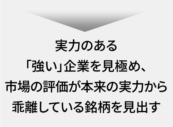 実力のある「強い」企業を見極め、市場の評価が本来の実力から乖離している銘柄を見出すことを目指します。