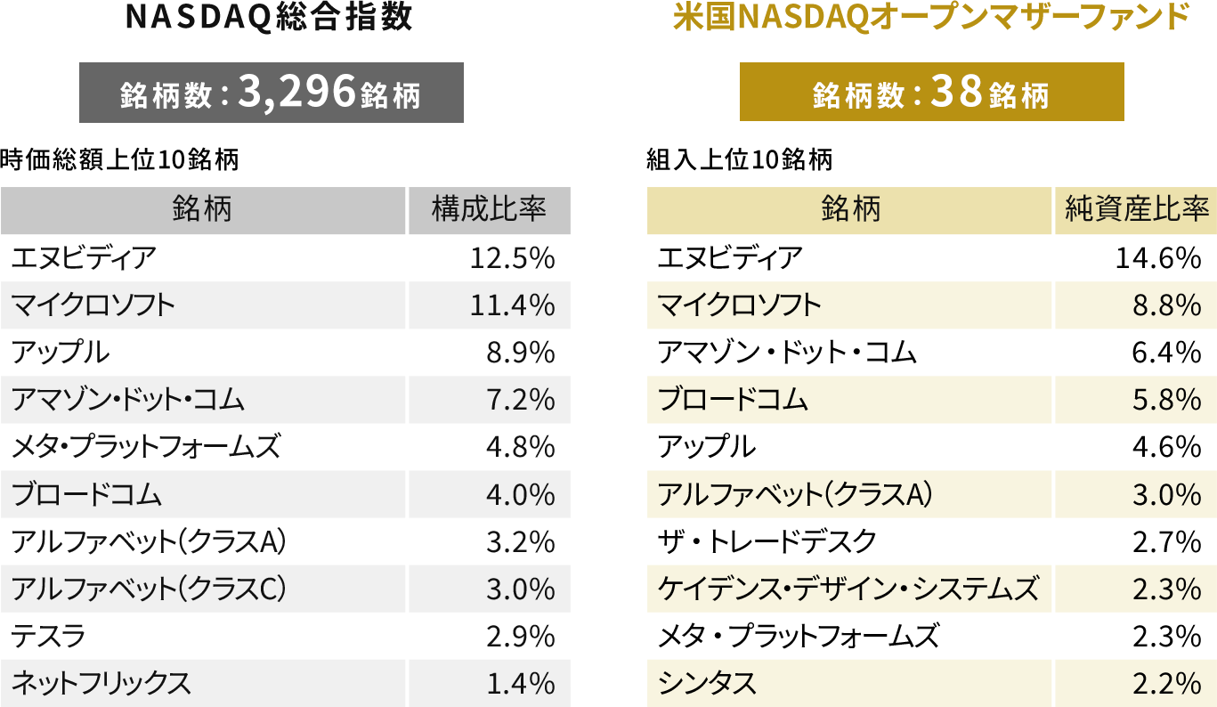 NASDAQ総合指数と米国NASDAQオープンマザーファンドの組入銘柄の比較イメージ