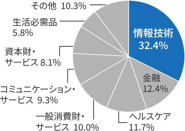 情報技術29.6% 金融13.2% ヘルスケア12.4% 一般消費財・サービス10.3% コミュニケーション・サービス9.0% 資本財・サービス8.8% 生活必需品6.0% その他10.8%