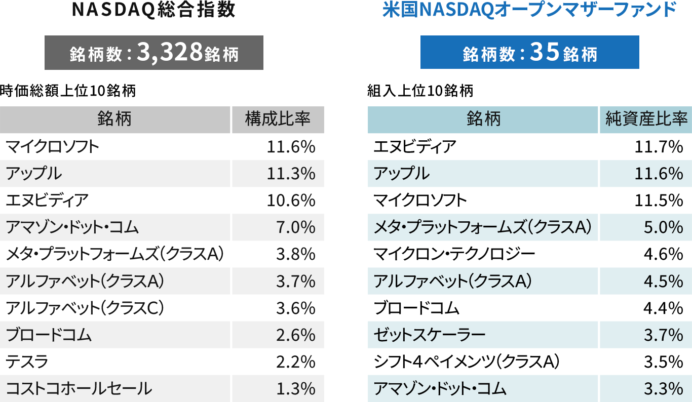 NASDAQ総合指数と米国NASDAQオープンマザーファンドの組入銘柄の比較イメージ